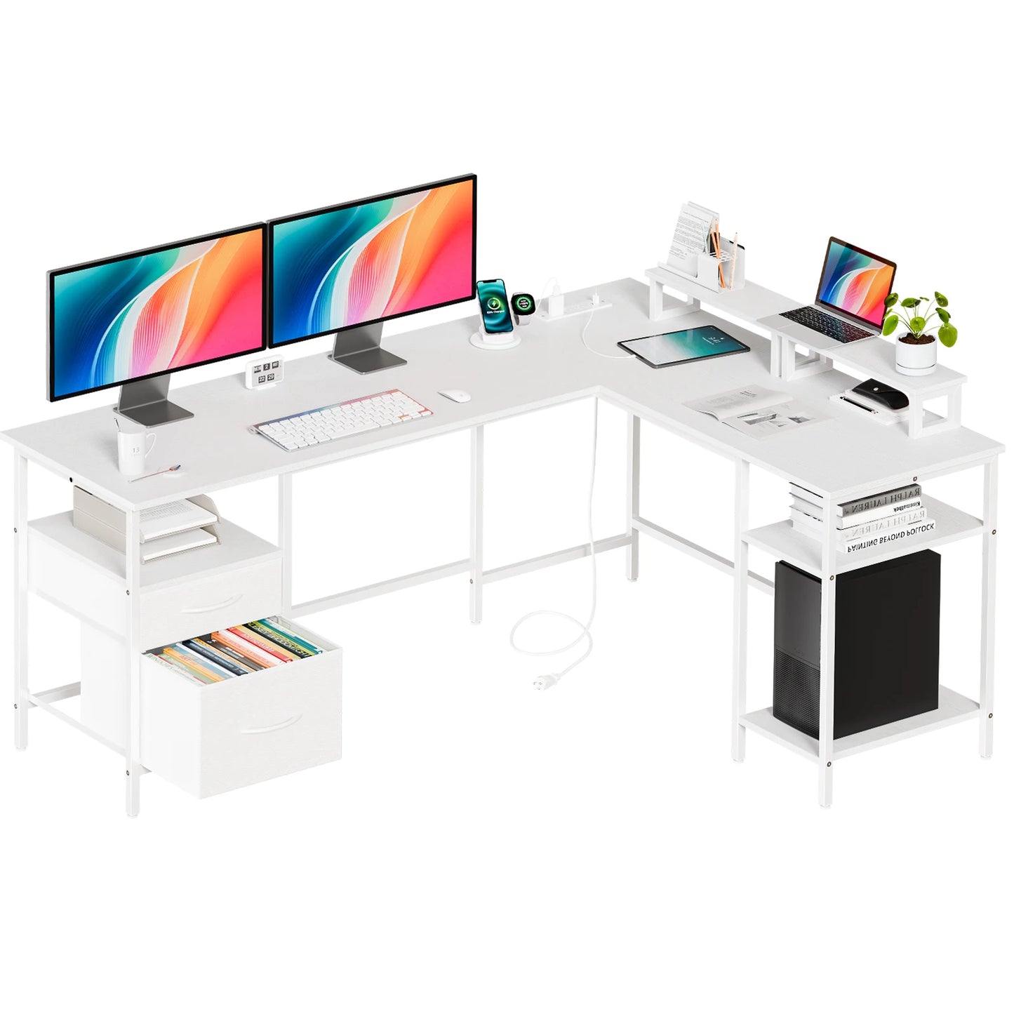 JHK 62IN L Shaped Computer Desk with 2 Drawers Wood Table with Adjustable Storage Shelves Charging Station Desk for Office