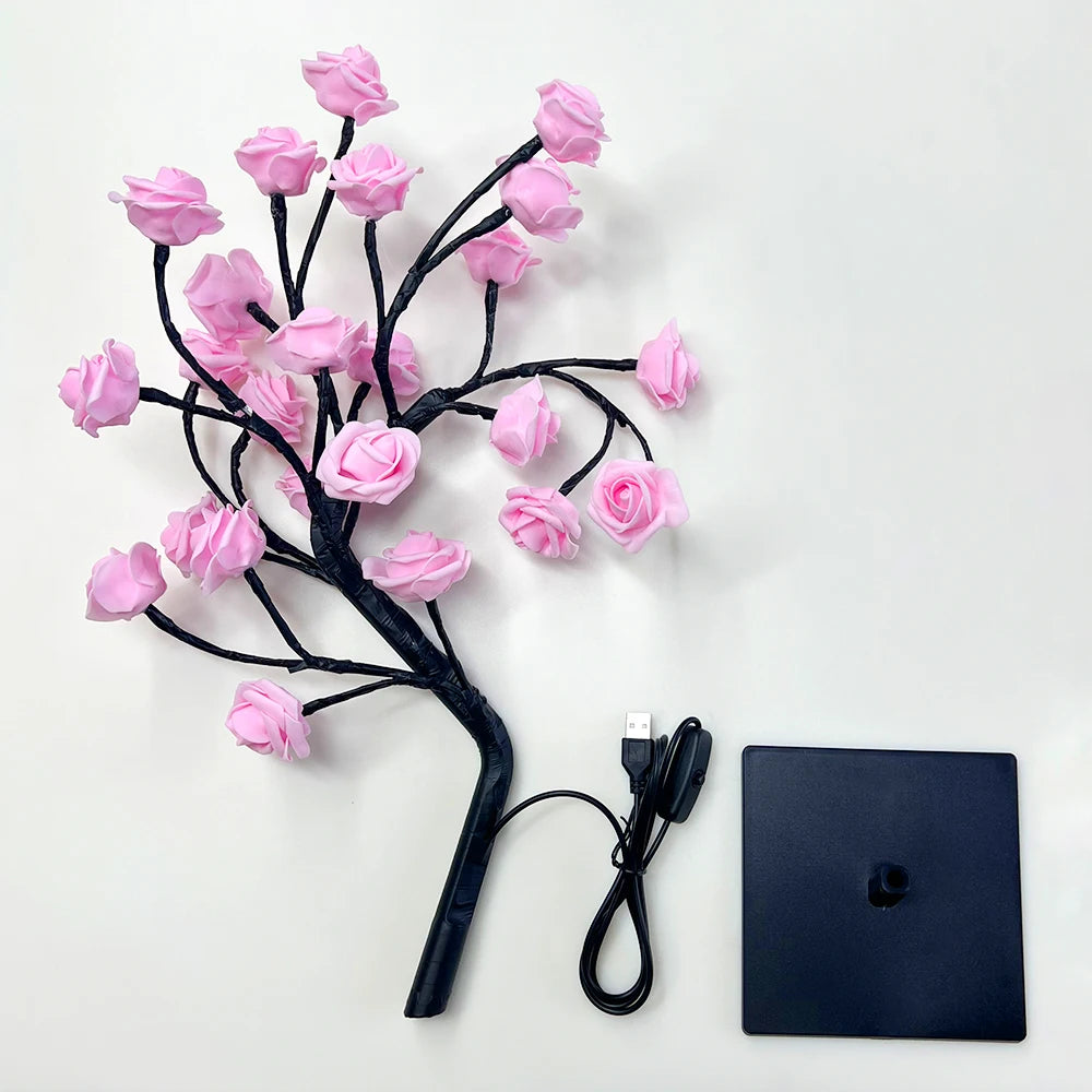 LED Rose Tree Lights 24LEDs USB Operated Table Lamp Atmosphere Lighting for Wedding Party Gift Birthday Festival Lover Home Deco