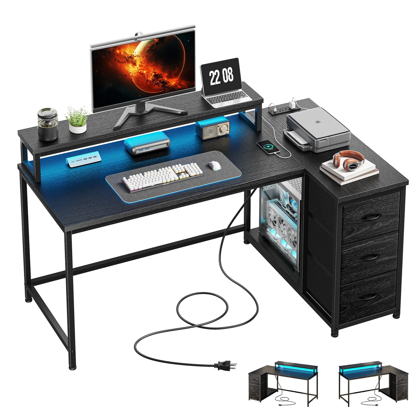 EnHomee 40" L-Shaped Computer Desk with Monitor Stand & 3 Drawers Gaming Desk with Power Outlet and LED Lights for Gaming Home Office