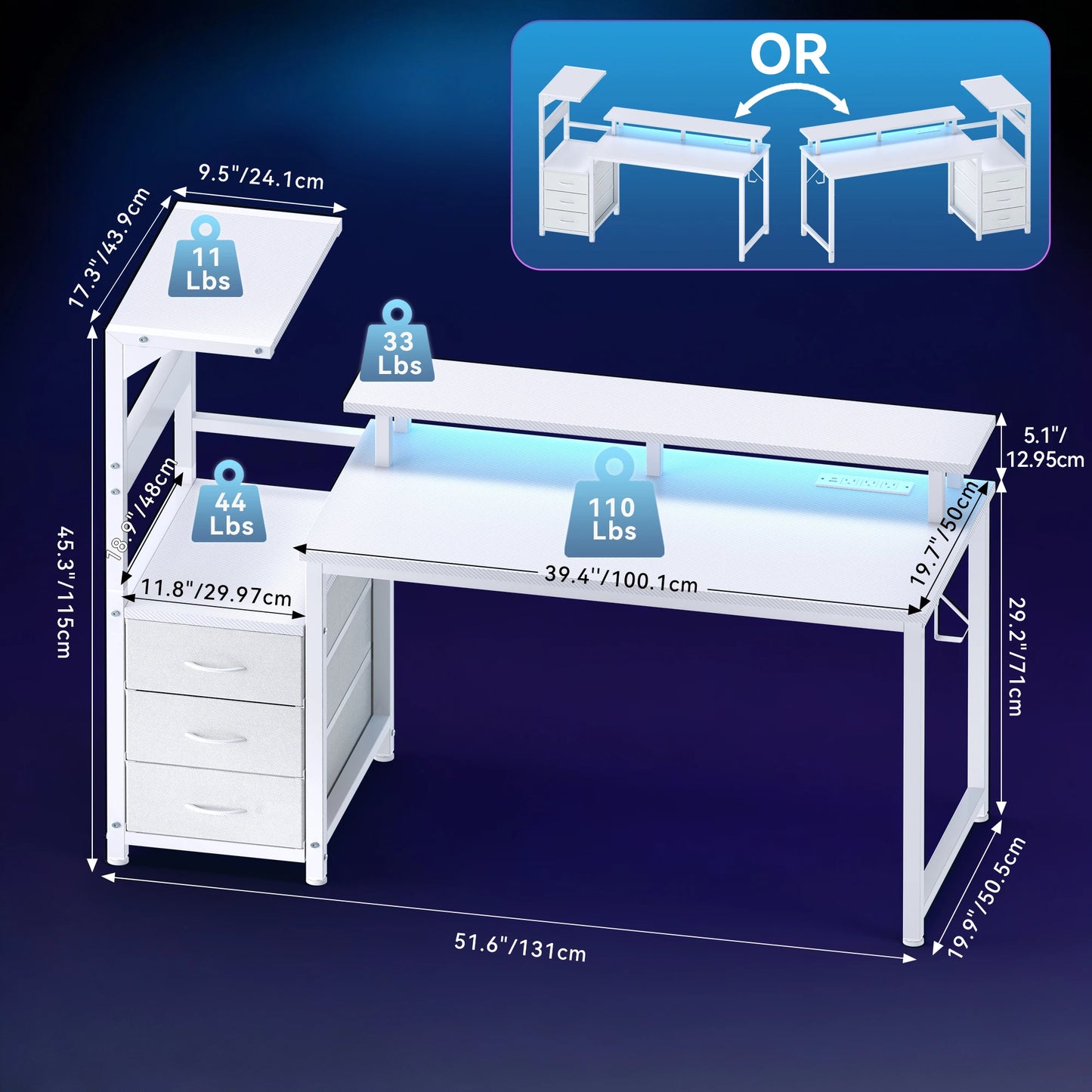 JHK 52In to 59In Gaming Desk with 3 Storage Drawers Wood Office Computer Desks with LED Lights Power Outlets for Office Bedroom