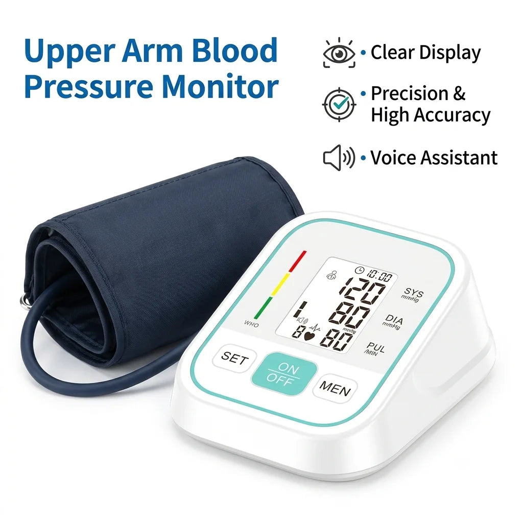 Upper Arm Blood Pressure Monitor Digital Automatic Sphygmomanometer Tensiómetro Large LCD Display Voice Broadcast High Precision USB Rechargeable Heart Rate Pulse Meter for Elderly Home Health Care
