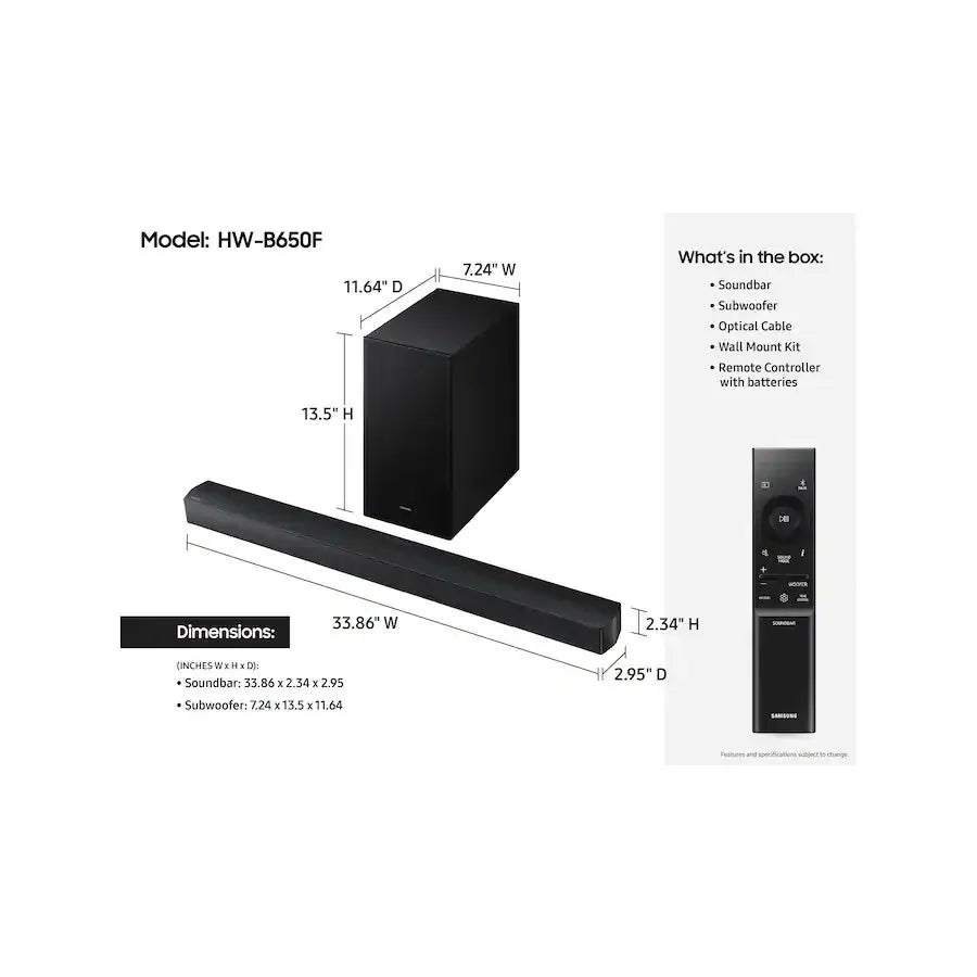 Samsung HW-B650F/ZP B-Series 3.1ch Soundbar, DTS Virtual:X Surround Sound, Deep Bass, Bluetooth Speaker for TV – Black