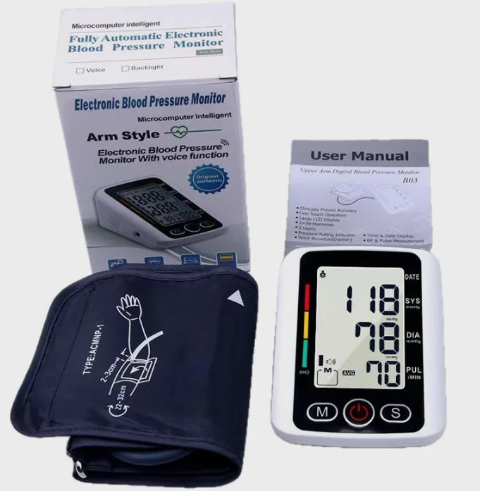 Upper Arm Automatic Digital Blood Pressure Monitor Tensiometro Heart Rate Pulse Meter Large LCD Screen Voice Broadcast Dual Power 2x99 Memory Sphygmomanometer Health Care Machine for Elderly Home Daily Medical Care Travel Use