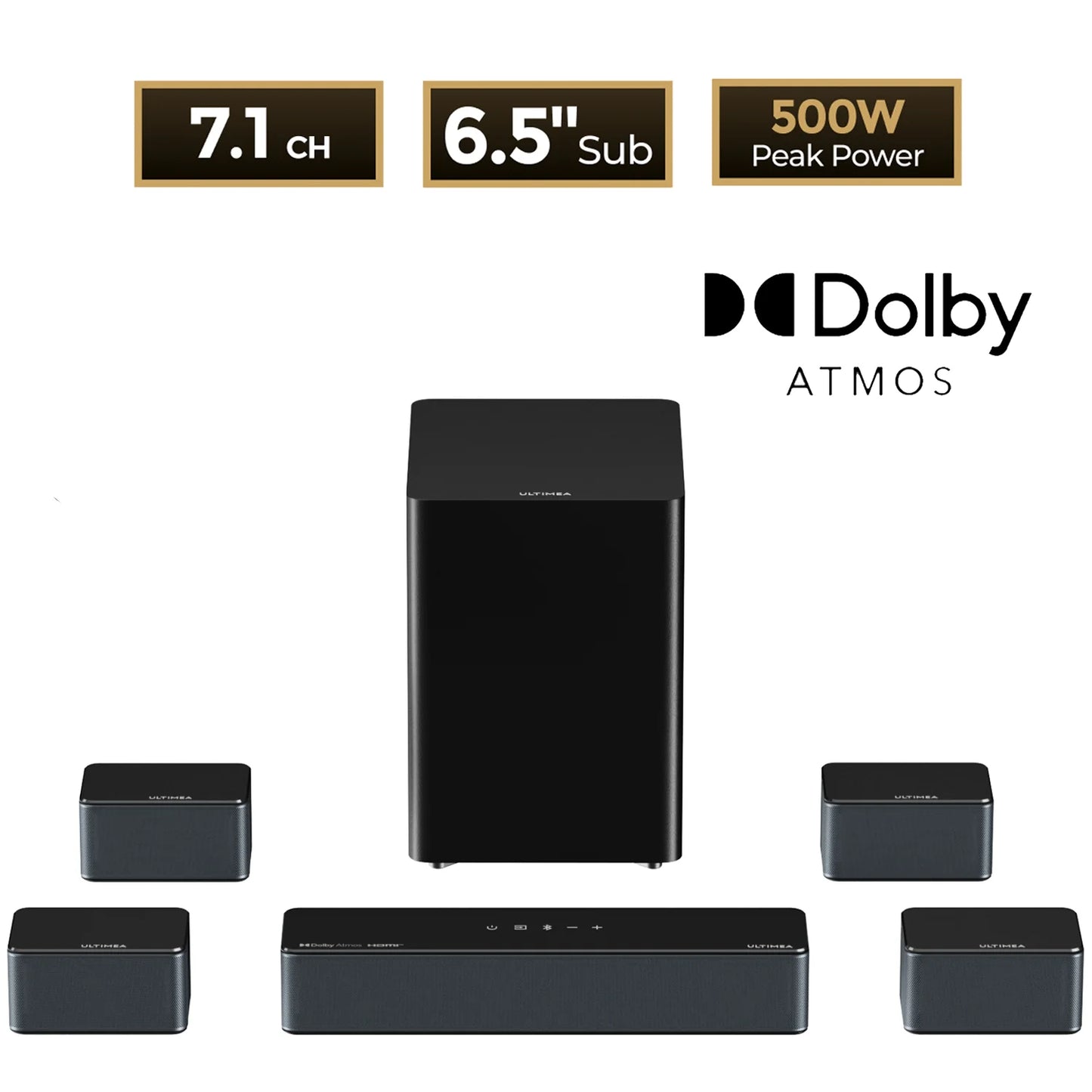 500W 7.1ch Dolby Atmos Soundbar with Wireless Subwoofer & 4 Surround Speakers, Home Theater System with APP Control