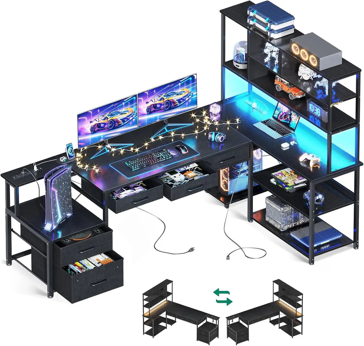 79 inch L-shaped office desk with 5 drawers, reversible L-shaped gaming desk with LED lights and 2 power sockets, computer desk