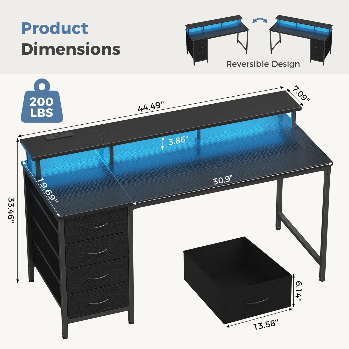 JHK 40In to 47In Gaming Computer Desk with 4 Storage Drawers Wood Office Desks with Power Outlets and LED Lights for Home Office