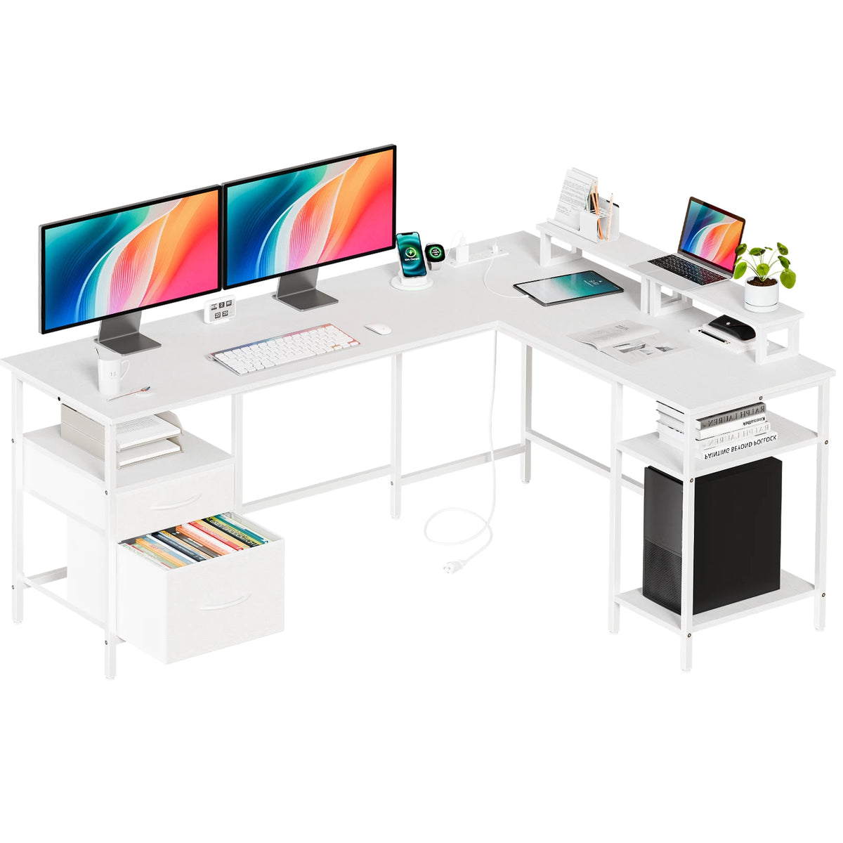 JHK 62IN L Shaped Computer Desk with 2 Drawers Wood Table with Adjustable Storage Shelves Charging Station Desk for Office