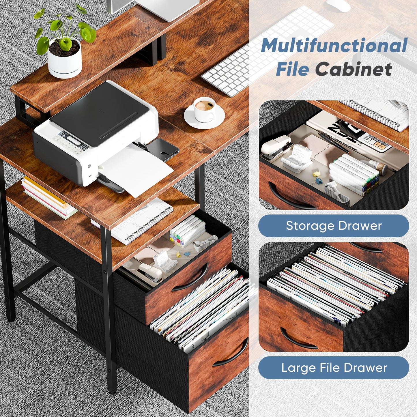 JHK 62IN L Shaped Computer Desk with 2 Drawers Wood Table with Adjustable Storage Shelves Charging Station Desk for Office