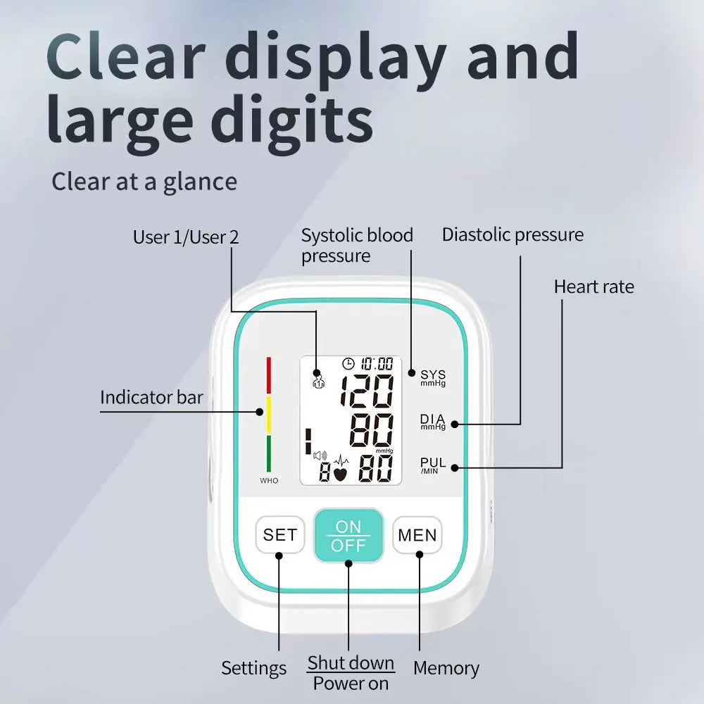Upper Arm Blood Pressure Monitor Digital Automatic Sphygmomanometer Tensiómetro Large LCD Display Voice Broadcast High Precision USB Rechargeable Heart Rate Pulse Meter for Elderly Home Health Care