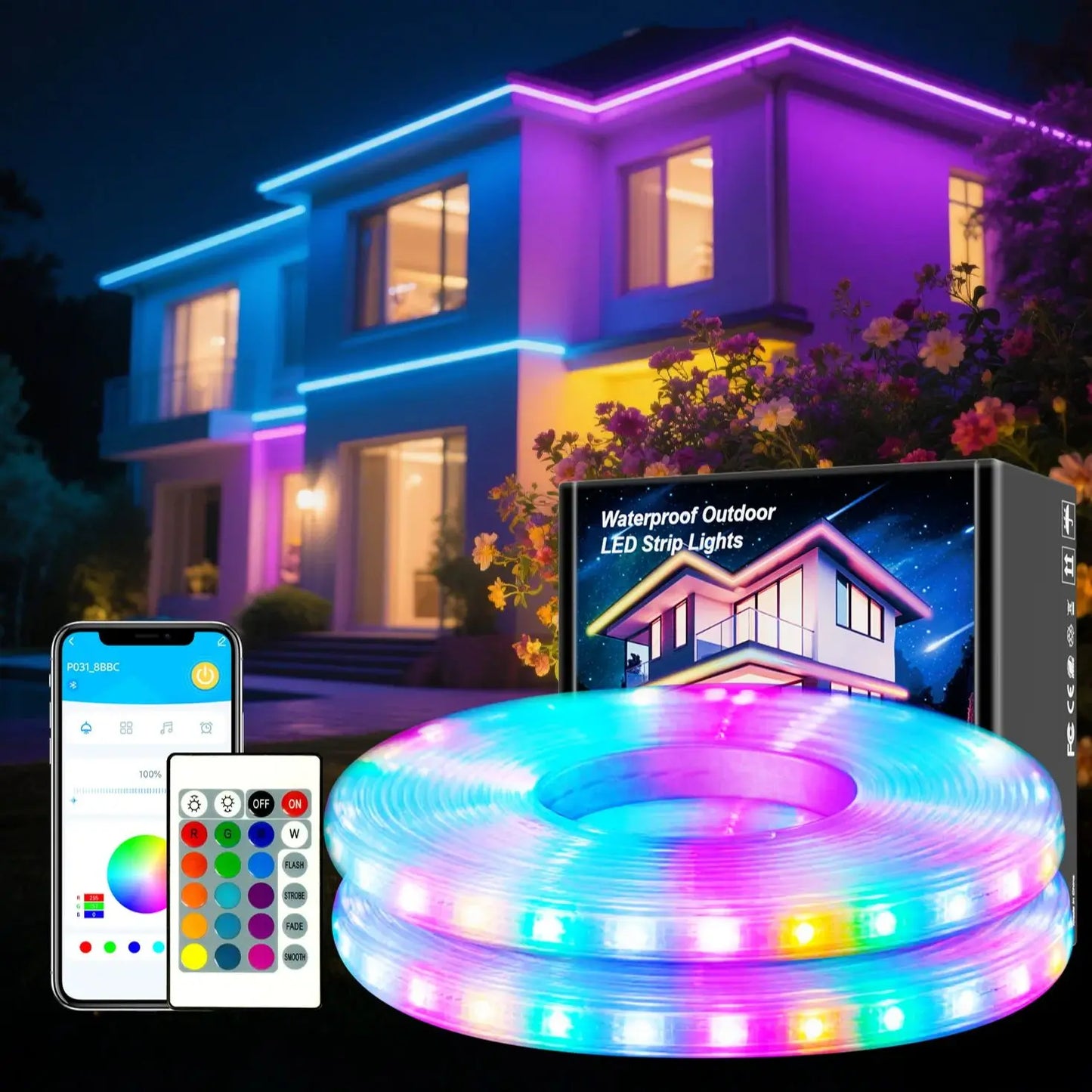 100FTOutdoor Waterproof Smart Led Light Strip, Support App (Mineral Switch, Follow Music Rhythm, Rgb Color Change), Ip65, Suitable for Swimming Pool, Eaves, Garden.
