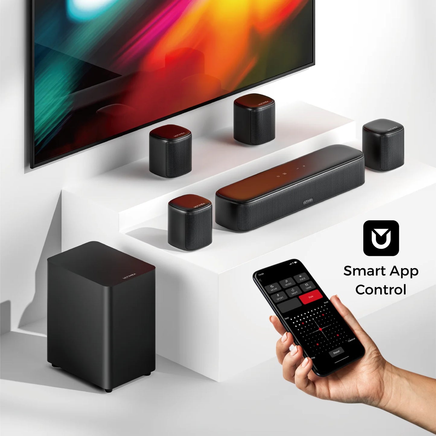 7.1 Channel Sound Bar System for TV with 4 Surround Speakers, App Controlled Virtual Surround Sound, Home Theater Audio