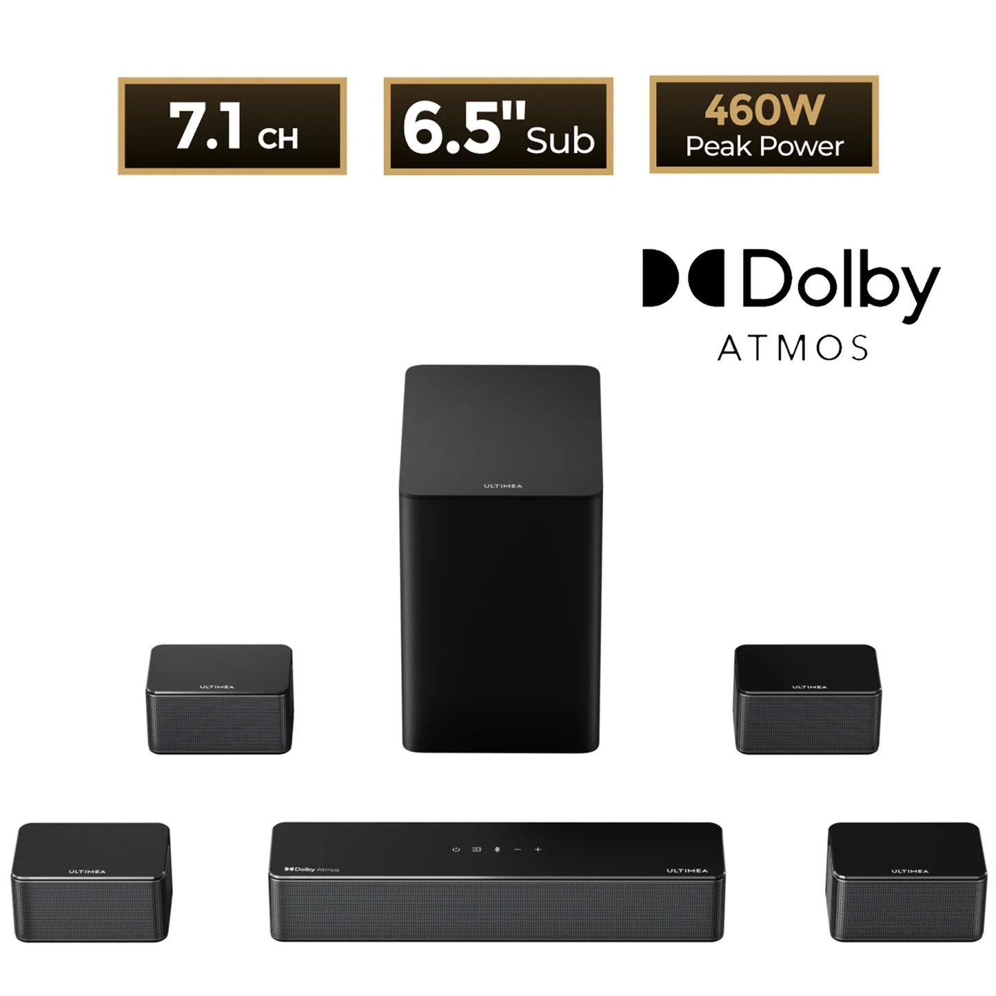 500W 7.1ch Dolby Atmos Soundbar with Wireless Subwoofer & 4 Surround Speakers, Home Theater System with APP Control
