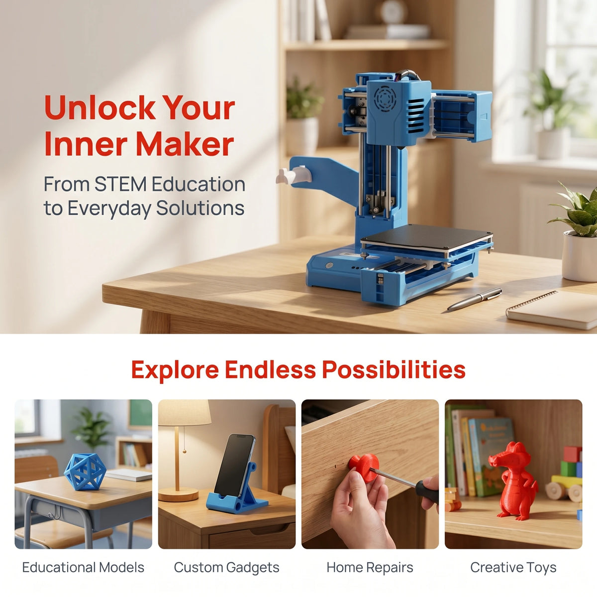 EasyThreed K9 Mini Desktop 3D Printer, Low Noise Single Cantilever Structure, PLA Filament Supported, Four Point Bed Leveling, Safety Design 3D Printer for Kids Family and DIY Enthusiasts