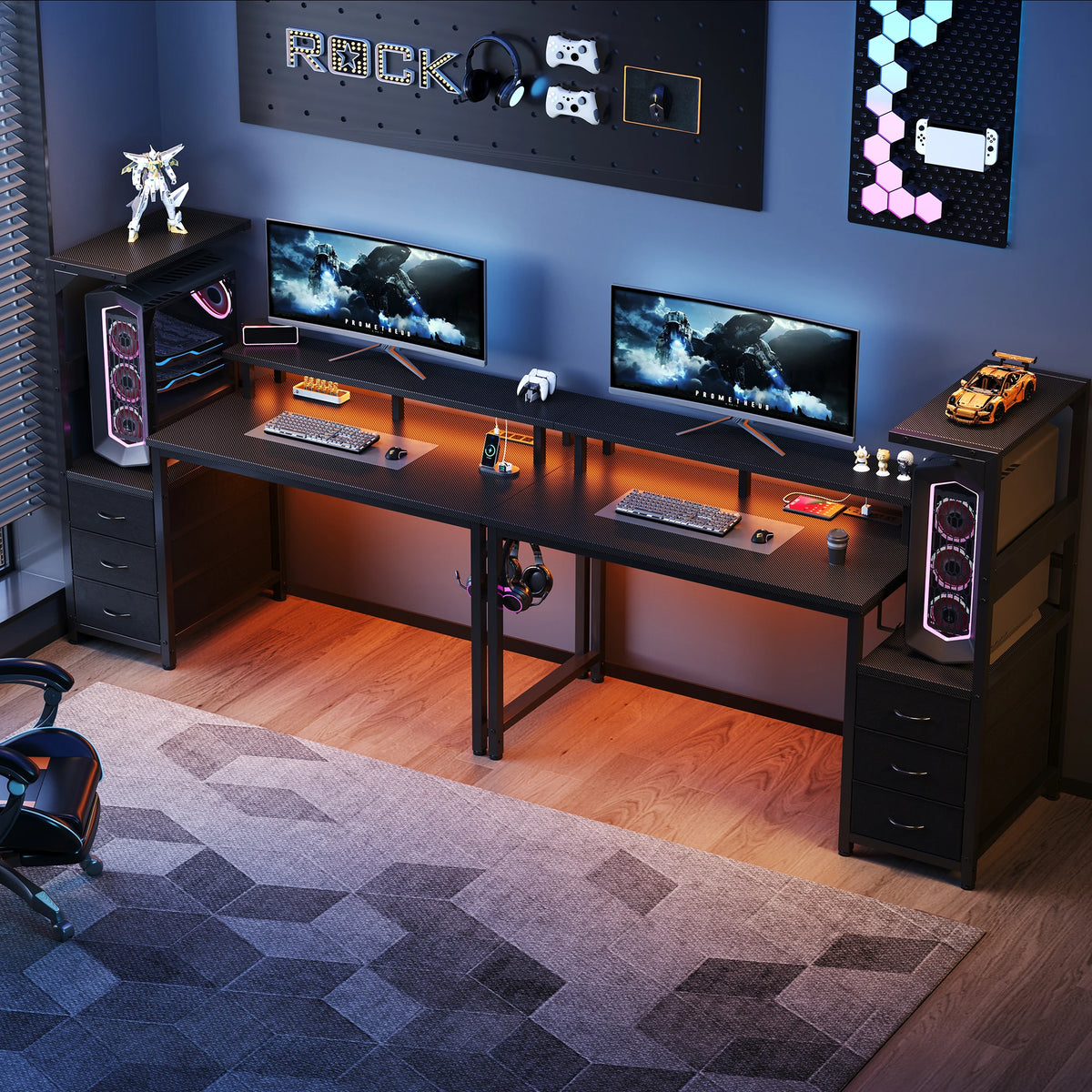 JHK 52In to 59In Gaming Desk with 3 Storage Drawers Wood Office Computer Desks with LED Lights Power Outlets for Office Bedroom