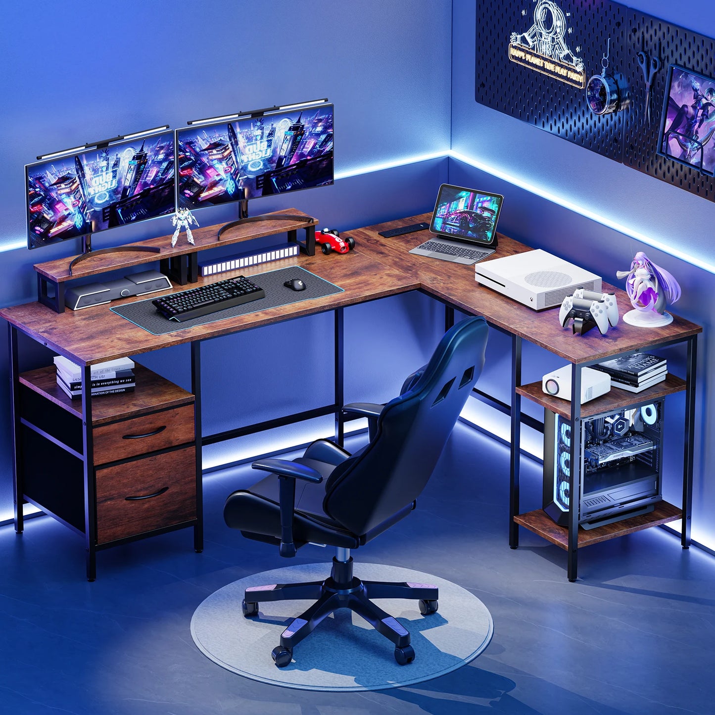 JHK 62IN L Shaped Computer Desk with 2 Drawers Wood Table with Adjustable Storage Shelves Charging Station Desk for Office