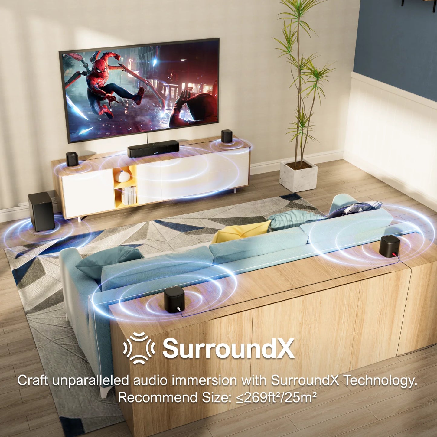 7.1 Channel Sound Bar System for TV with 4 Surround Speakers, App Controlled Virtual Surround Sound, Home Theater Audio