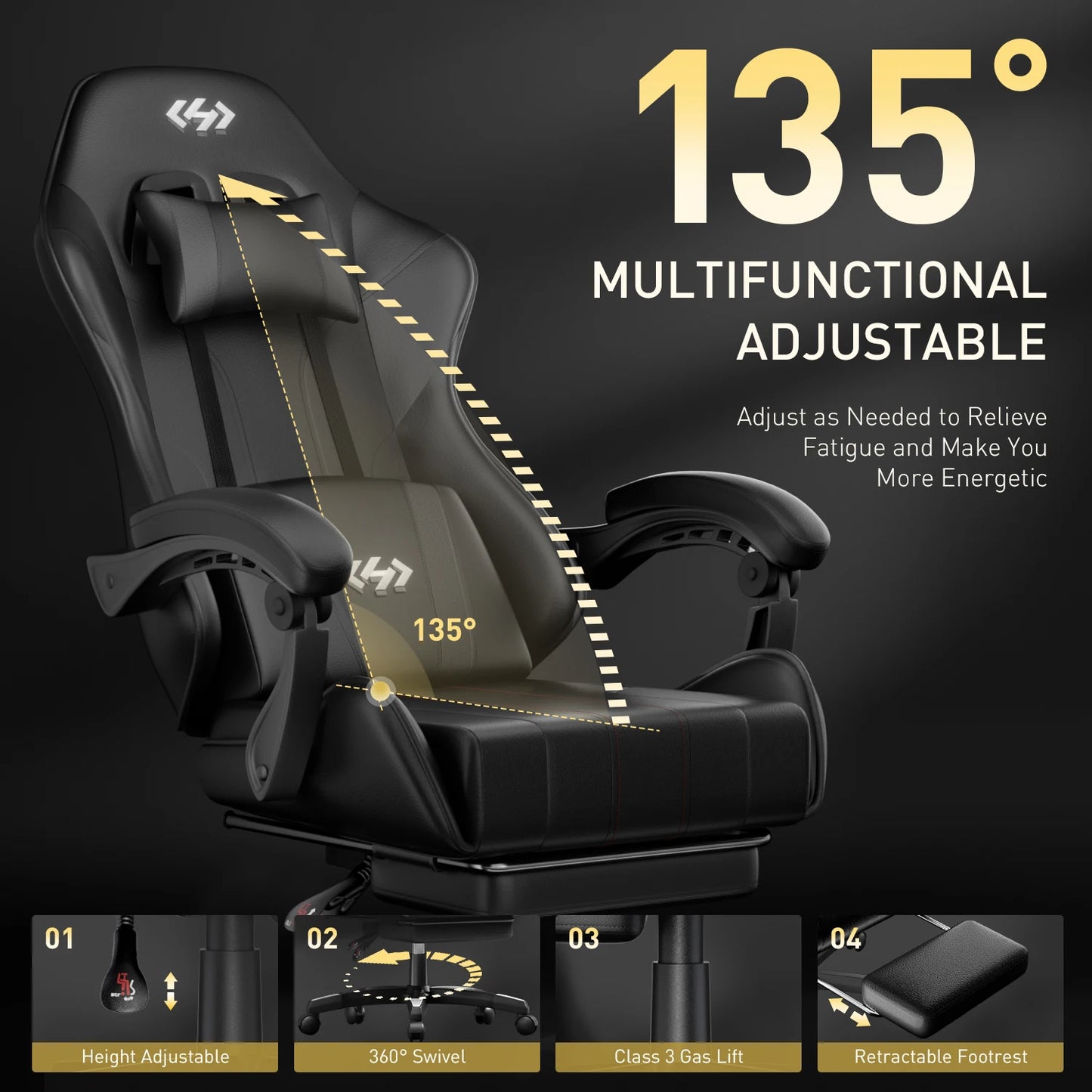 Ergonomic Gaming Chair, PU Leather Computer Office Chair for Adults, Adjustable Height & Reclining Backrest Angle, 360° Swivel Gaming Desk Chair with Lumbar Support, Headrest and Retractable Footrest