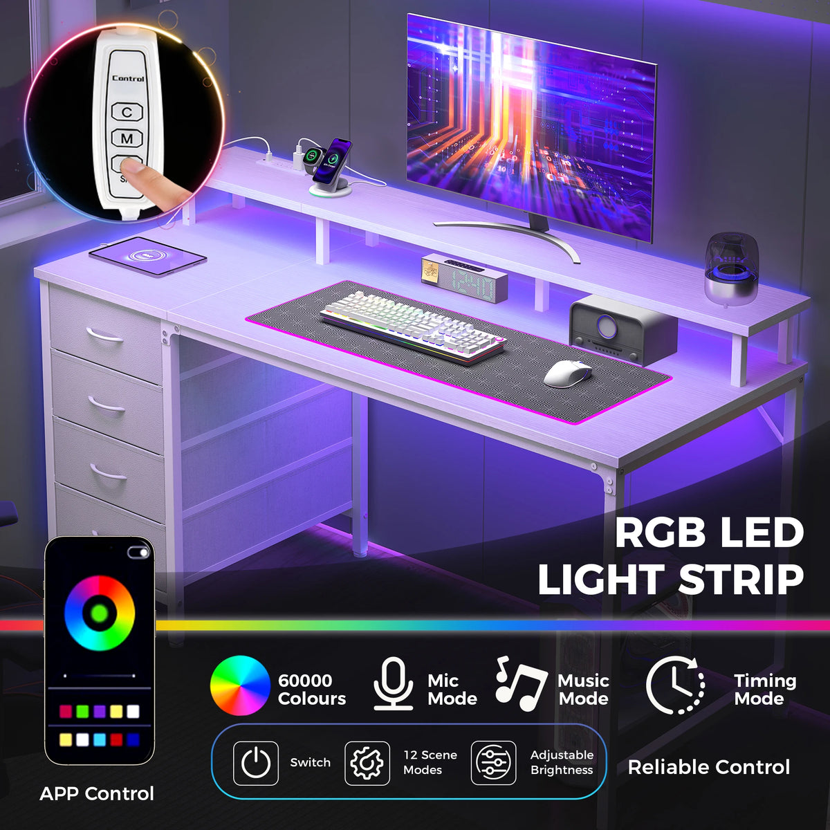 JHK 40In to 47In Gaming Computer Desk with 4 Storage Drawers Wood Office Desks with Power Outlets and LED Lights for Home Office