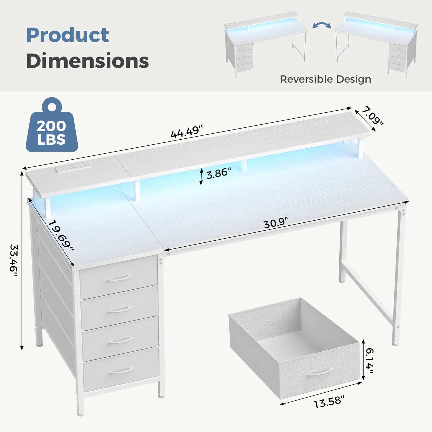 JHK 40In to 47In Gaming Computer Desk with 4 Storage Drawers Wood Office Desks with Power Outlets and LED Lights for Home Office