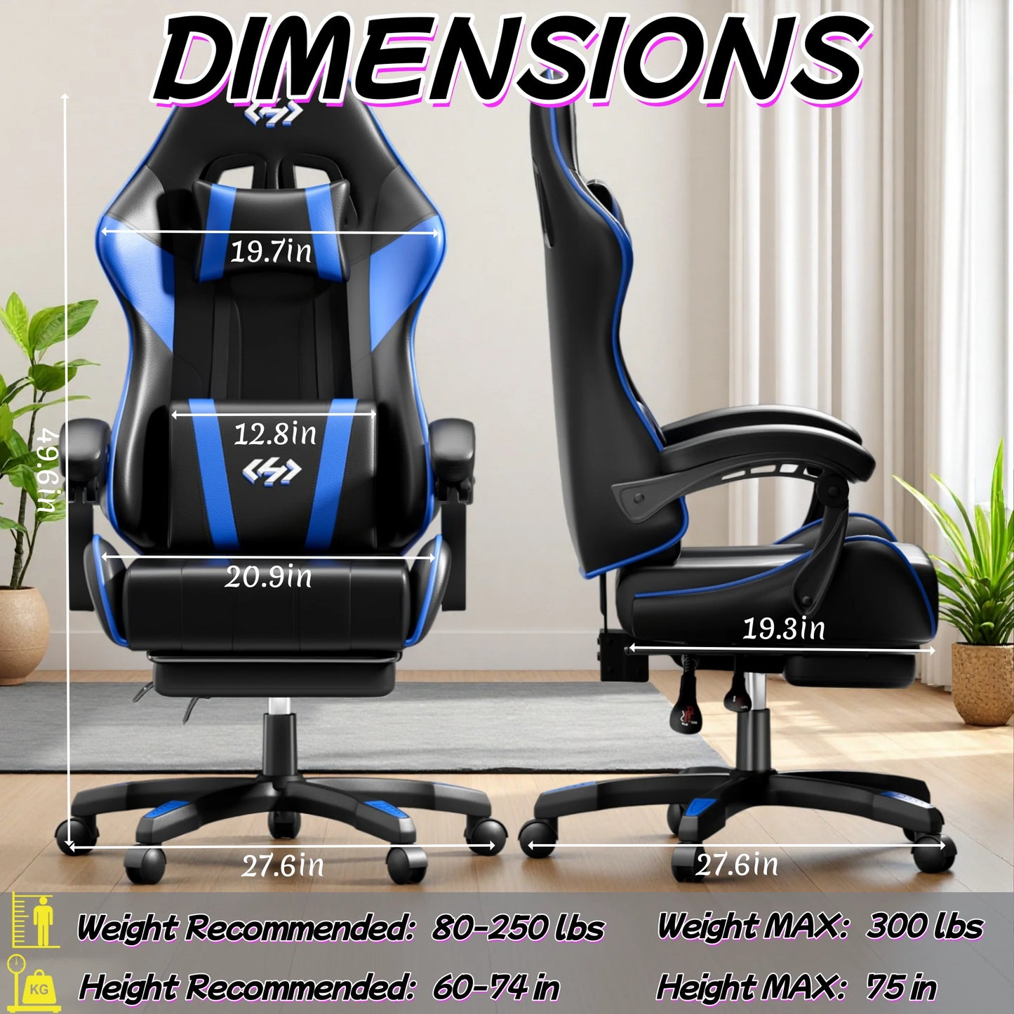 Ergonomic Gaming Chair, PU Leather Computer Office Chair for Adults, Adjustable Height & Reclining Backrest Angle, 360° Swivel Gaming Desk Chair with Lumbar Support, Headrest and Retractable Footrest