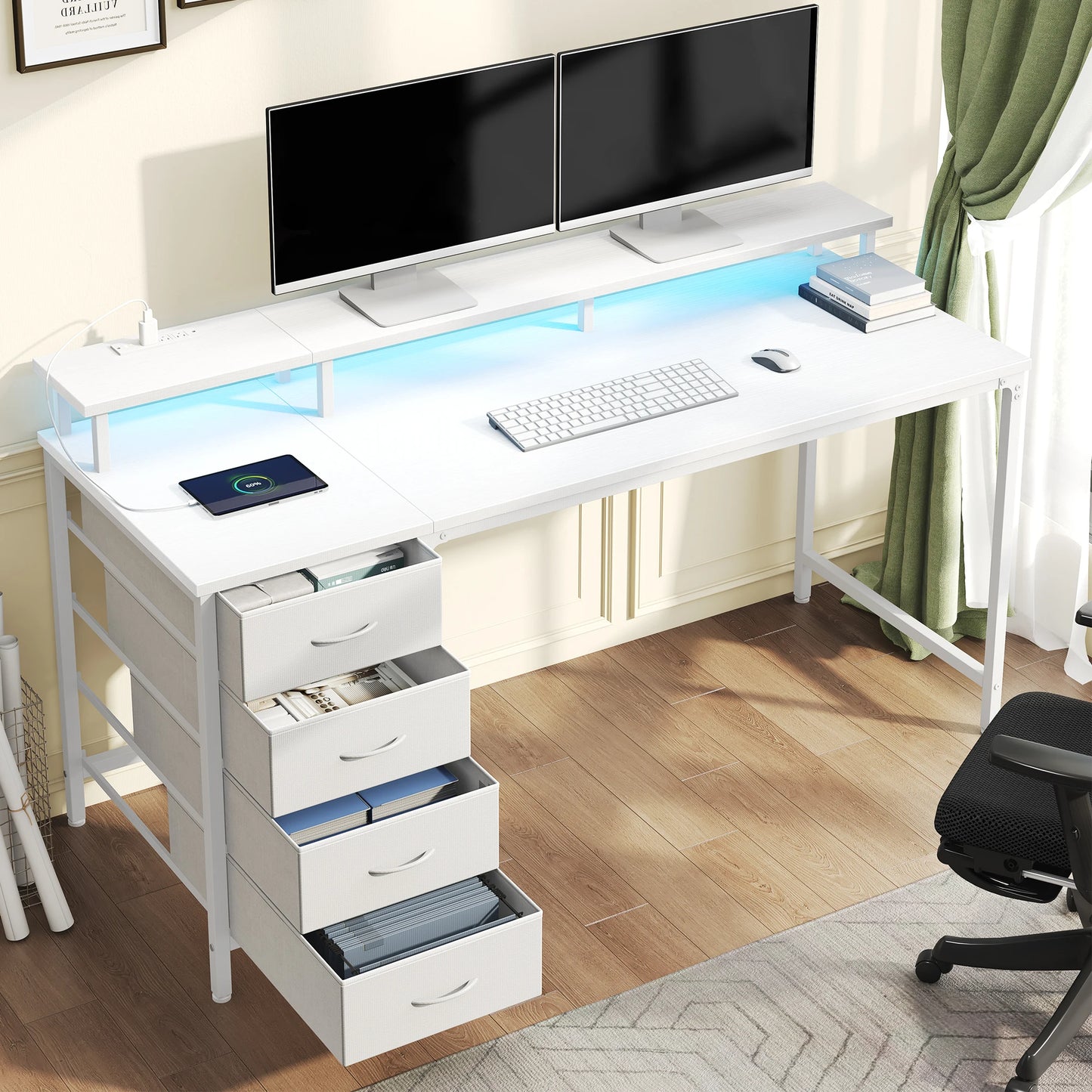 JHK 40In to 47In Gaming Computer Desk with 4 Storage Drawers Wood Office Desks with Power Outlets and LED Lights for Home Office
