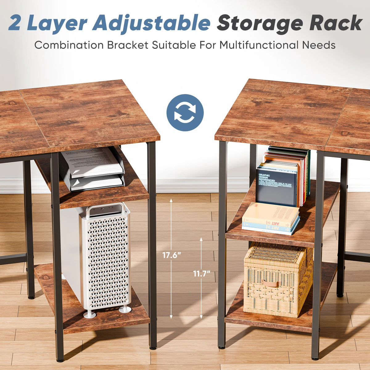 JHK 62IN L Shaped Computer Desk with 2 Drawers Wood Table with Adjustable Storage Shelves Charging Station Desk for Office