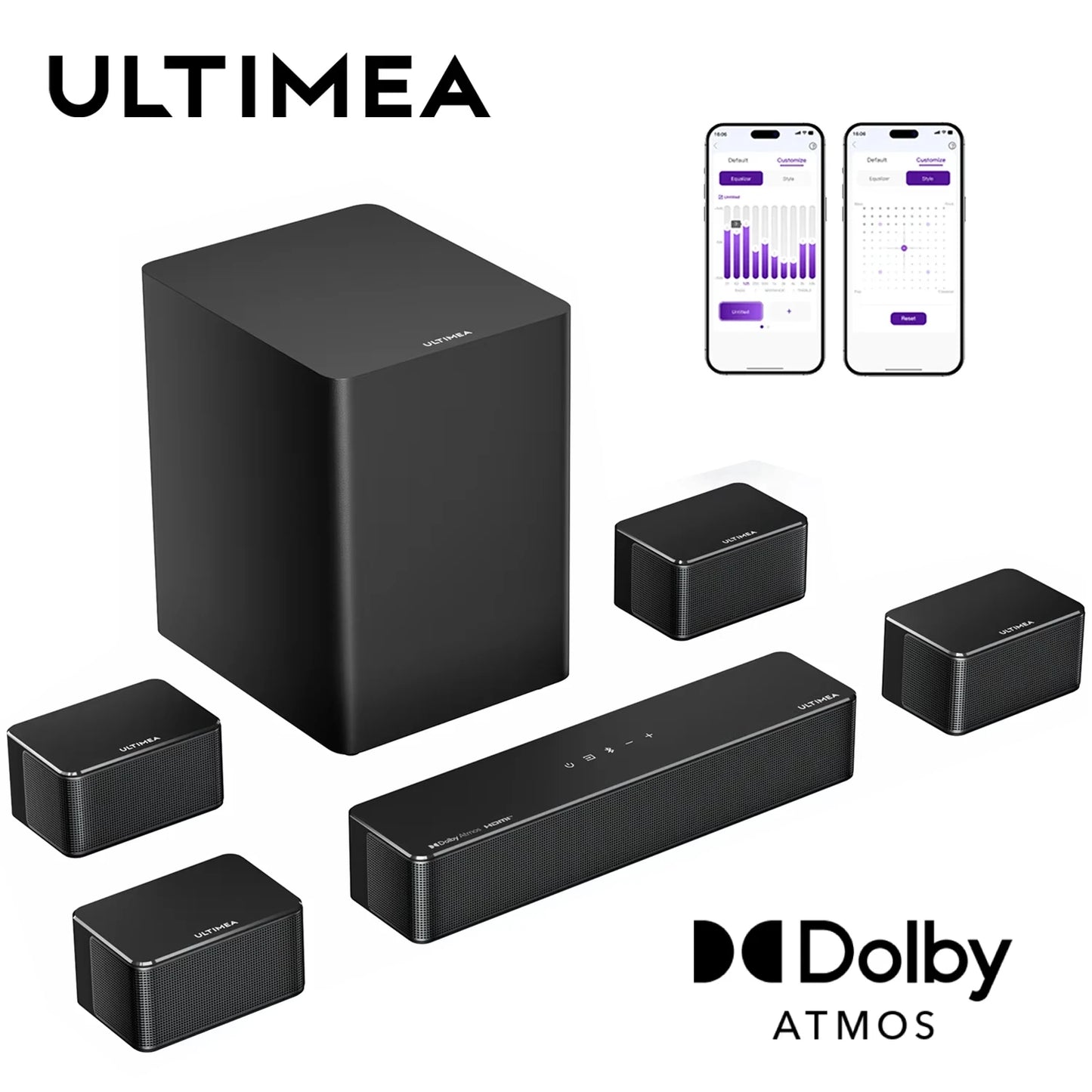 500W 7.1ch Dolby Atmos Soundbar with Wireless Subwoofer & 4 Surround Speakers, Home Theater System with APP Control
