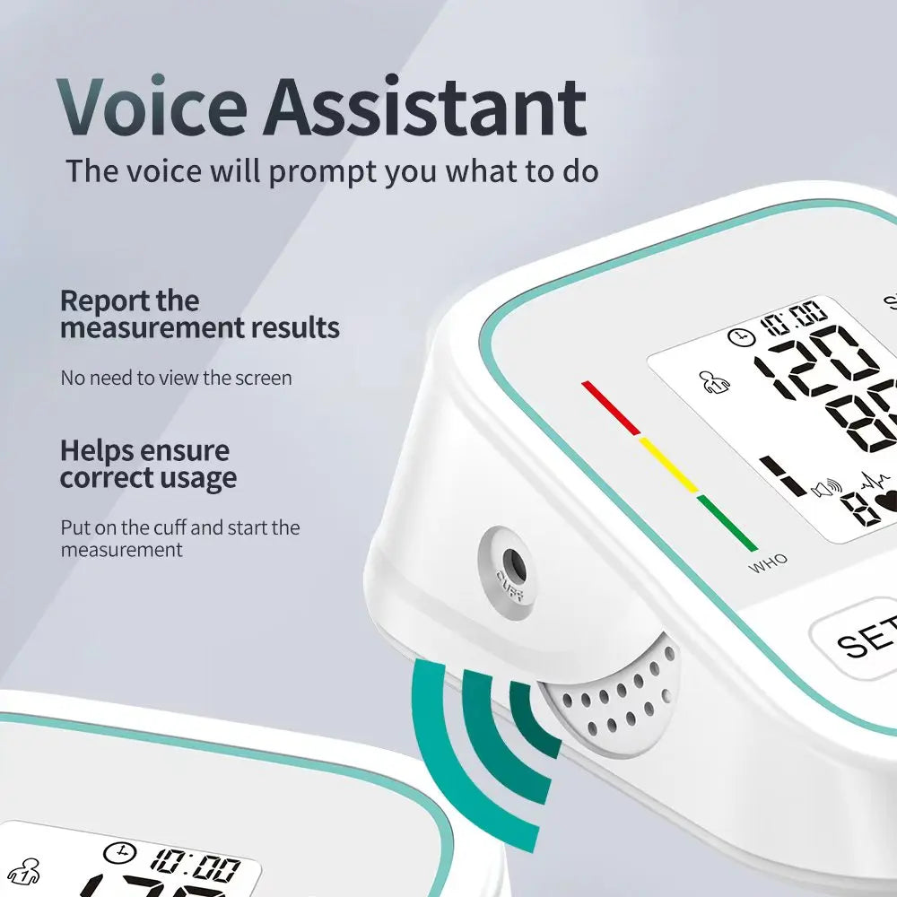 Upper Arm Blood Pressure Monitor Digital Automatic Sphygmomanometer Tensiómetro Large LCD Display Voice Broadcast High Precision USB Rechargeable Heart Rate Pulse Meter for Elderly Home Health Care