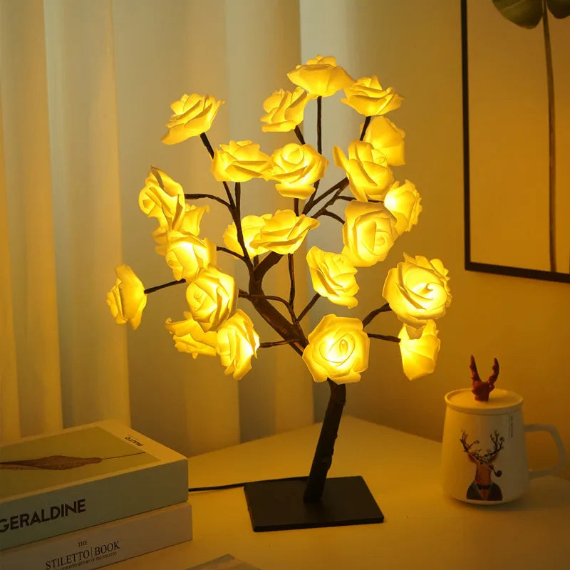 LED Rose Tree Lights 24LEDs USB Operated Table Lamp Atmosphere Lighting for Wedding Party Gift Birthday Festival Lover Home Deco