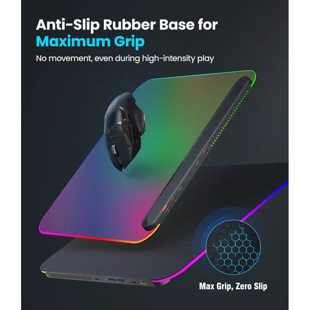 RGB Illuminated Gaming Mouse Pad with 6 Modes, USB 2.0 & Type-C Ports, Detachable Cable, Anti-Slip Base (13.4 x 12.2)