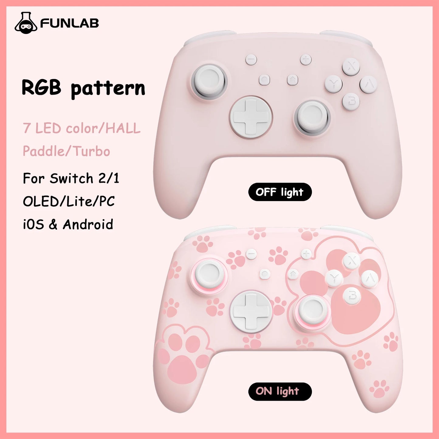 FUNLAB Switch 2 Pro Controller For Switch OLED/Lite/PC With Hall Effect/RGB/Paddle/Turbo Nintendo Luminous cat paw GamePad-pink