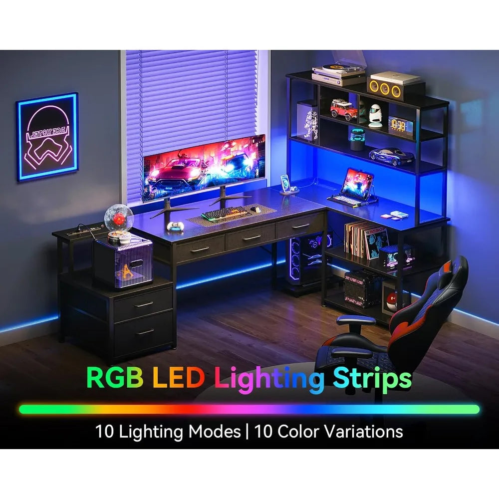 79 inch L-shaped office desk with 5 drawers, reversible L-shaped gaming desk with LED lights and 2 power sockets, computer desk