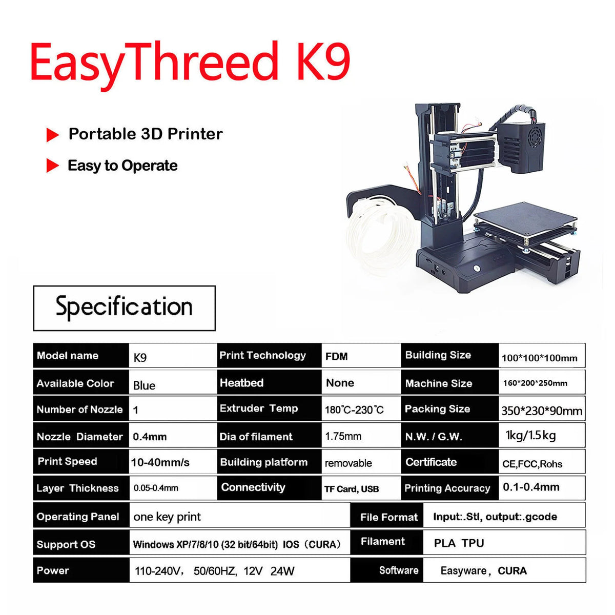 EasyThreed K9 Mini Desktop 3D Printer, Low Noise Single Cantilever Structure, PLA Filament Supported, Four Point Bed Leveling, Safety Design 3D Printer for Kids Family and DIY Enthusiasts