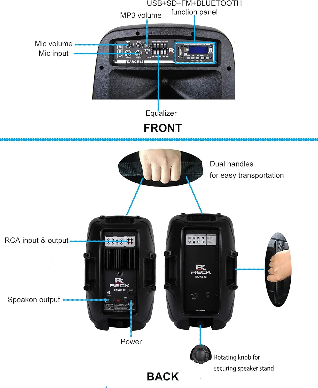 PRORECK Dance 12 Portable 12-Inch 1000 Watts 2-Way Powered PA Speaker System Combo Set with Bluetooth/USB/SD Card Reader/FM