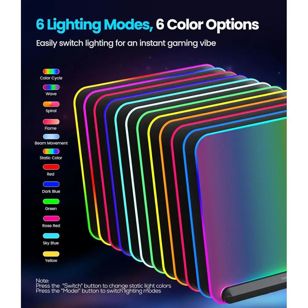 RGB Illuminated Gaming Mouse Pad with 6 Modes, USB 2.0 & Type-C Ports, Detachable Cable, Anti-Slip Base (13.4 x 12.2)