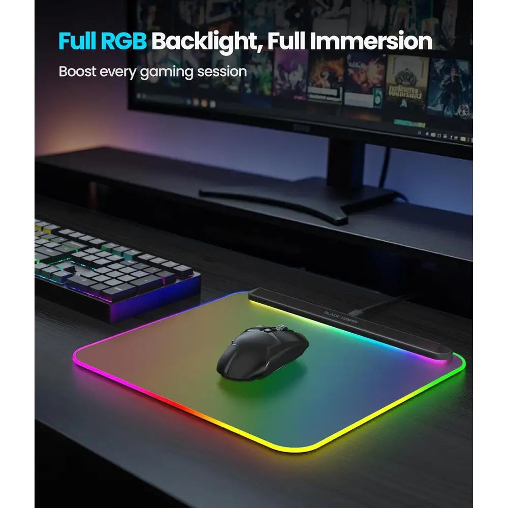 RGB Illuminated Gaming Mouse Pad with 6 Modes, USB 2.0 & Type-C Ports, Detachable Cable, Anti-Slip Base (13.4 x 12.2)