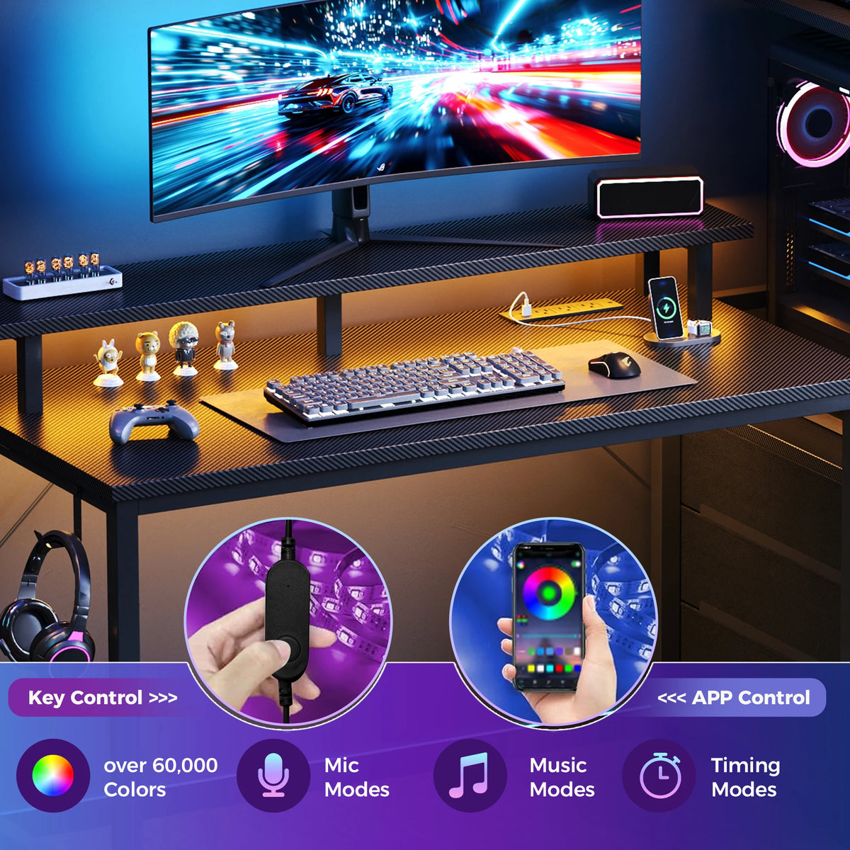JHK 52In to 59In Gaming Desk with 3 Storage Drawers Wood Office Computer Desks with LED Lights Power Outlets for Office Bedroom