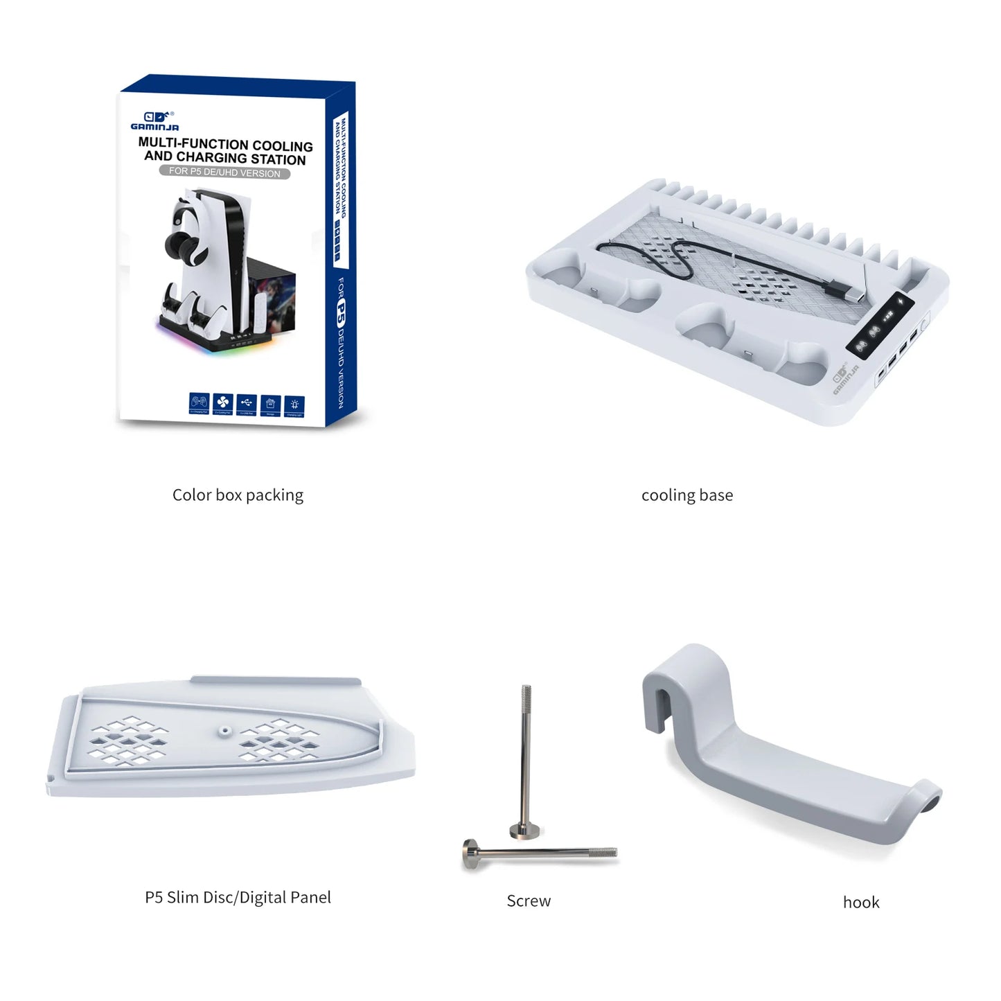 GAMINJA P58 RGB Cooling Stand For PS5 Slim Console Gamepad Charging Base Headset Hook Game CD Storage Rack For PS5 Disc&Digital