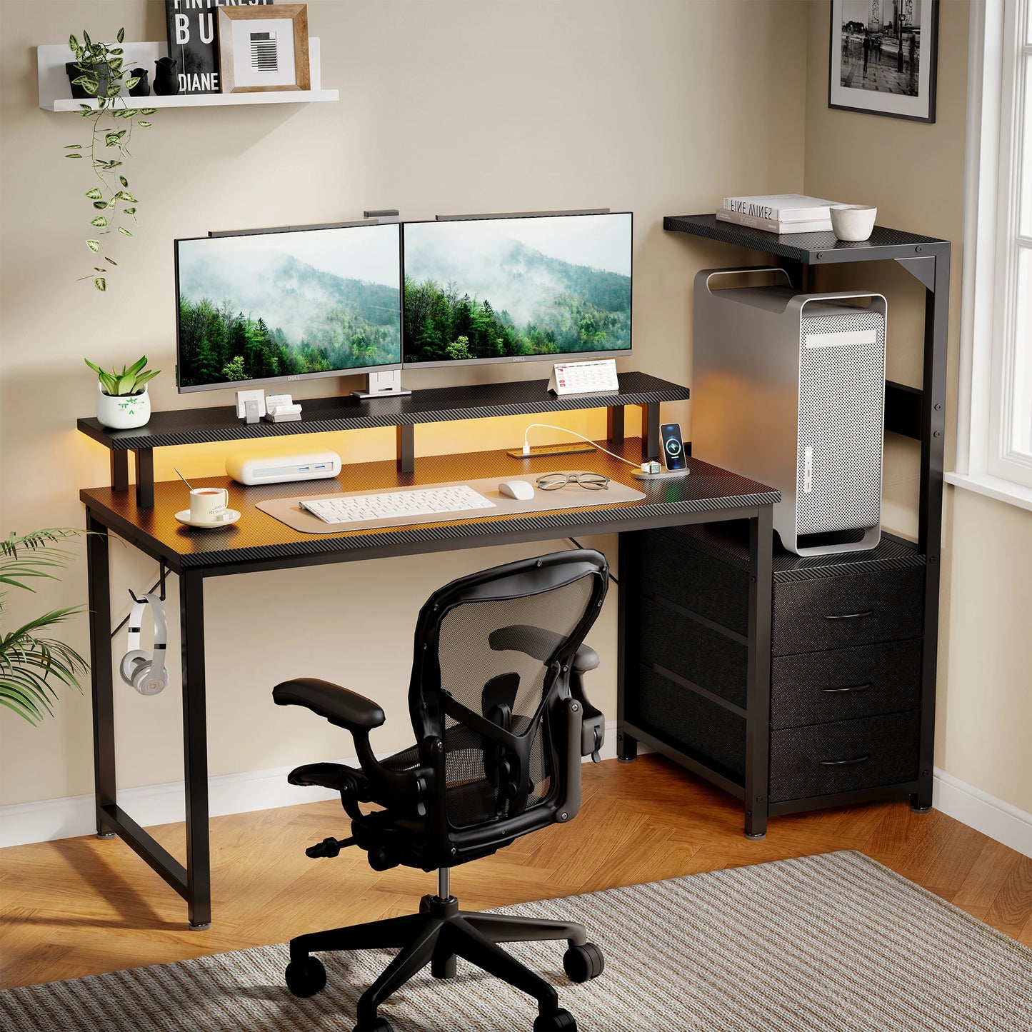 JHK 52In to 59In Gaming Desk with 3 Storage Drawers Wood Office Computer Desks with LED Lights Power Outlets for Office Bedroom