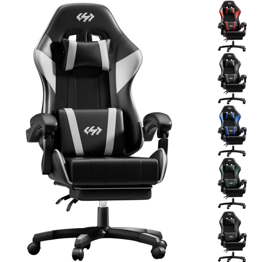 Ergonomic Gaming Chair, PU Leather Computer Office Chair for Adults, Adjustable Height & Reclining Backrest Angle, 360° Swivel Gaming Desk Chair with Lumbar Support, Headrest and Retractable Footrest