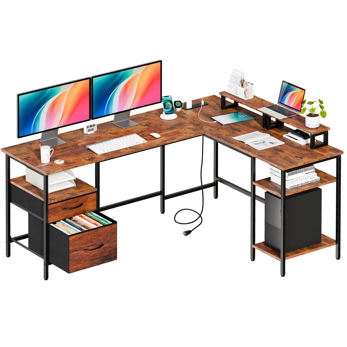 JHK 62IN L Shaped Computer Desk with 2 Drawers Wood Table with Adjustable Storage Shelves Charging Station Desk for Office