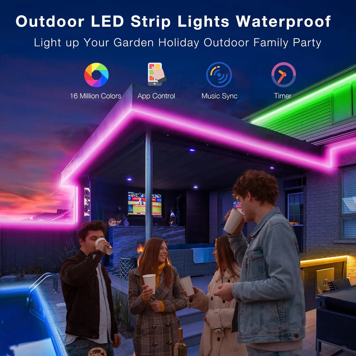 100FTOutdoor Waterproof Smart Led Light Strip, Support App (Mineral Switch, Follow Music Rhythm, Rgb Color Change), Ip65, Suitable for Swimming Pool, Eaves, Garden.