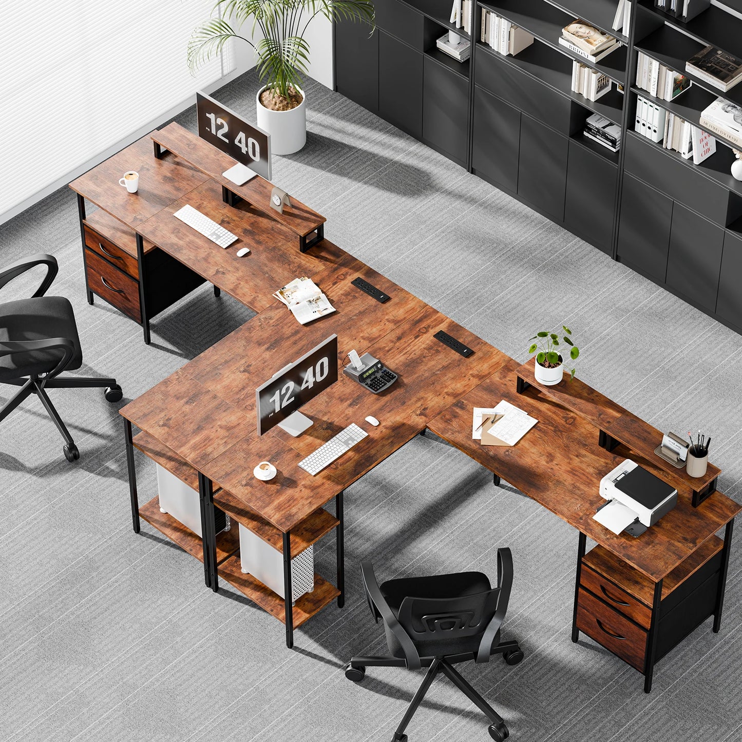 JHK 62IN L Shaped Computer Desk with 2 Drawers Wood Table with Adjustable Storage Shelves Charging Station Desk for Office