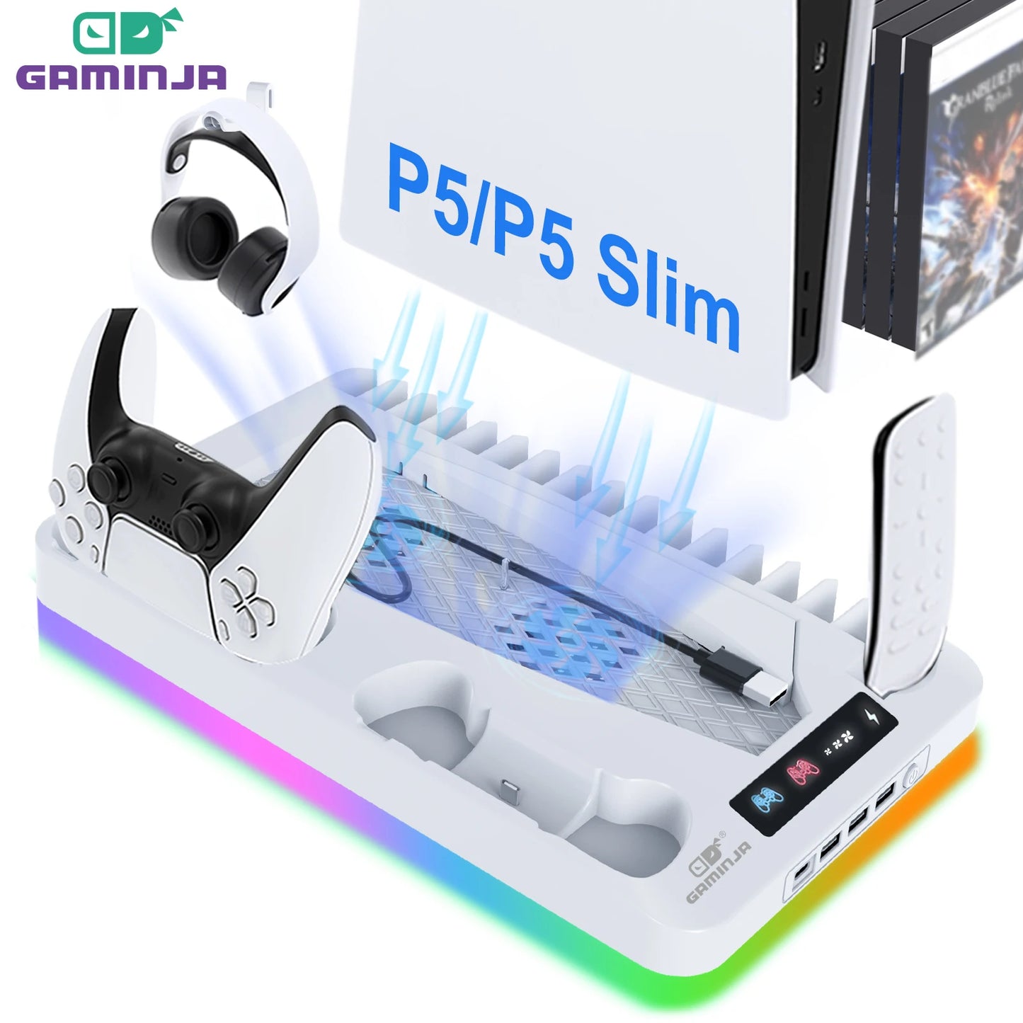 GAMINJA P58 RGB Cooling Stand For PS5 Slim Console Gamepad Charging Base Headset Hook Game CD Storage Rack For PS5 Disc&Digital