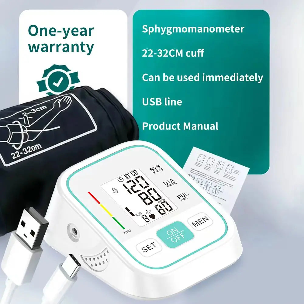 Upper Arm Blood Pressure Monitor Digital Automatic Sphygmomanometer Tensiómetro Large LCD Display Voice Broadcast High Precision USB Rechargeable Heart Rate Pulse Meter for Elderly Home Health Care