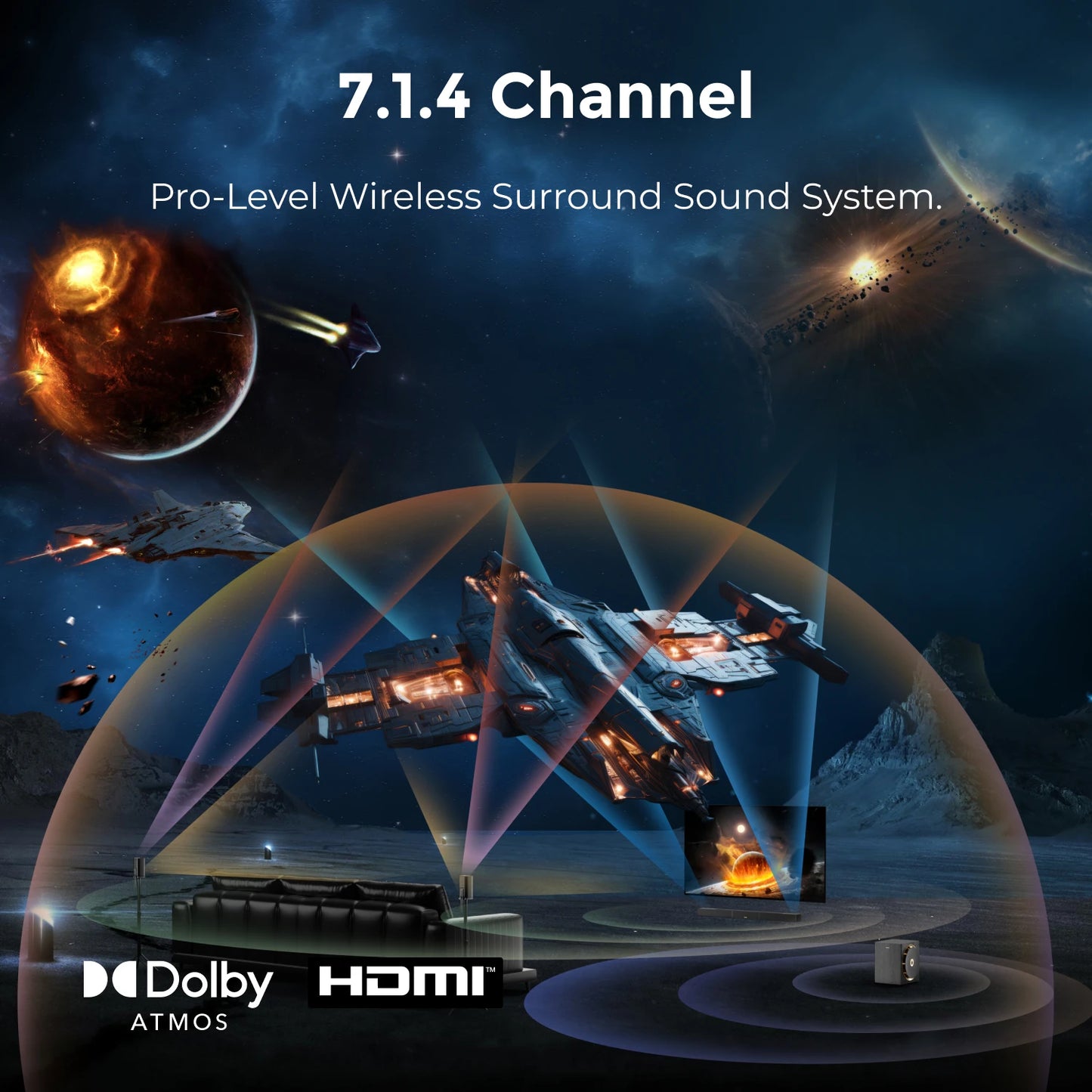 Skywave X60 840W 7.1.4ch Soundbar for TV with Dolby Atmos, Surround Sound System with 8'' Wireless Subwoofer&2 Speakers