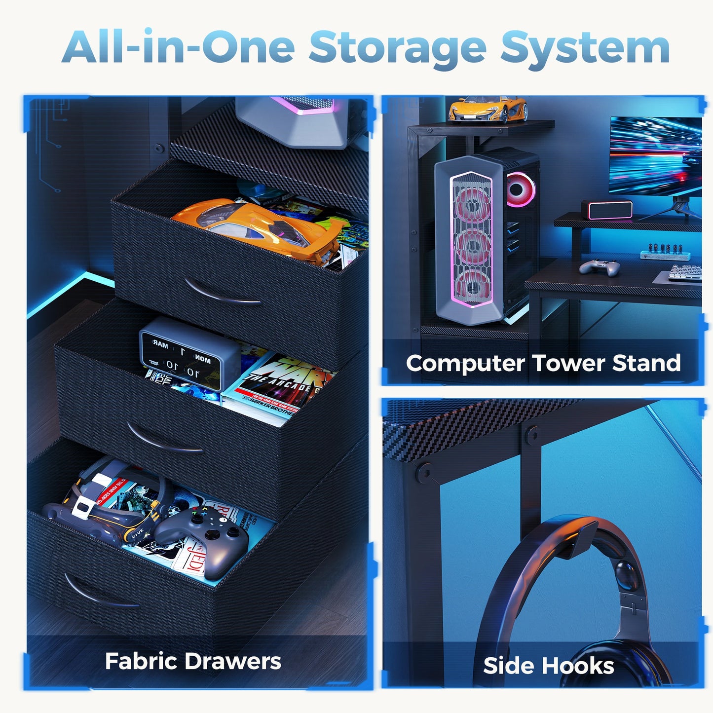JHK 52In to 59In Gaming Desk with 3 Storage Drawers Wood Office Computer Desks with LED Lights Power Outlets for Office Bedroom