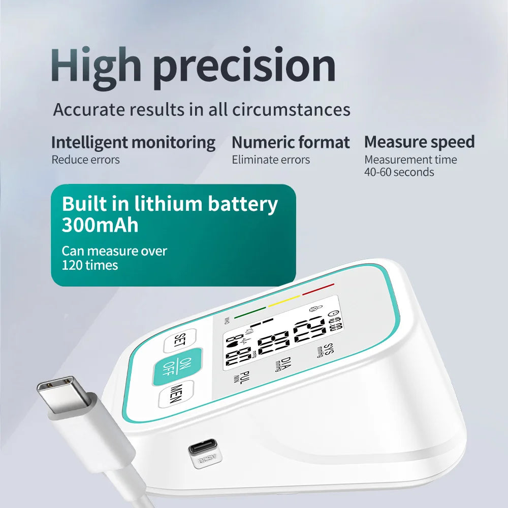 Upper Arm Blood Pressure Monitor Digital Automatic Sphygmomanometer Tensiómetro Large LCD Display Voice Broadcast High Precision USB Rechargeable Heart Rate Pulse Meter for Elderly Home Health Care