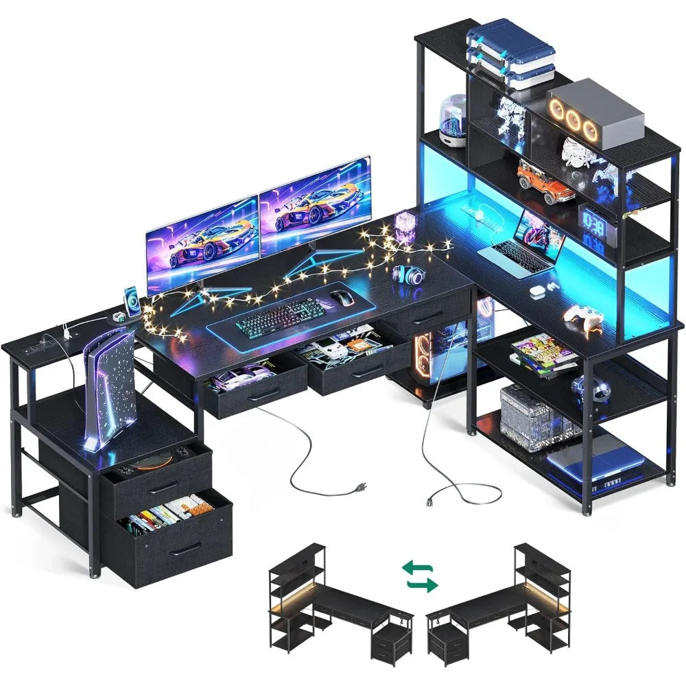 79 inch L-shaped office desk with 5 drawers, reversible L-shaped gaming desk with LED lights and 2 power sockets, computer desk