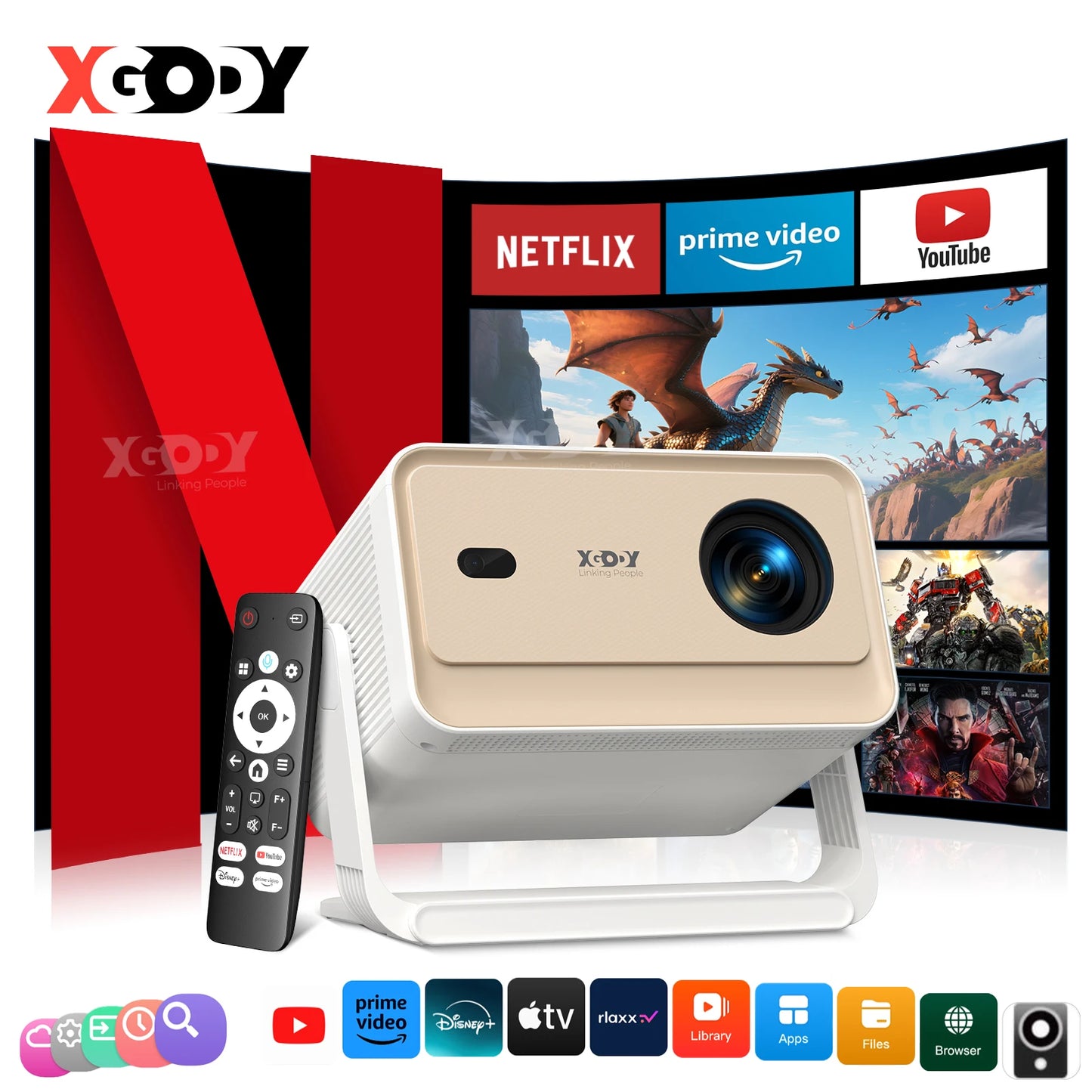XGODY N6 Pro Netflix Officially 4K Projector 28000 Lumens Voice Control Smart Android TV Whale OS 32GB ROM Outdoor Home Theater